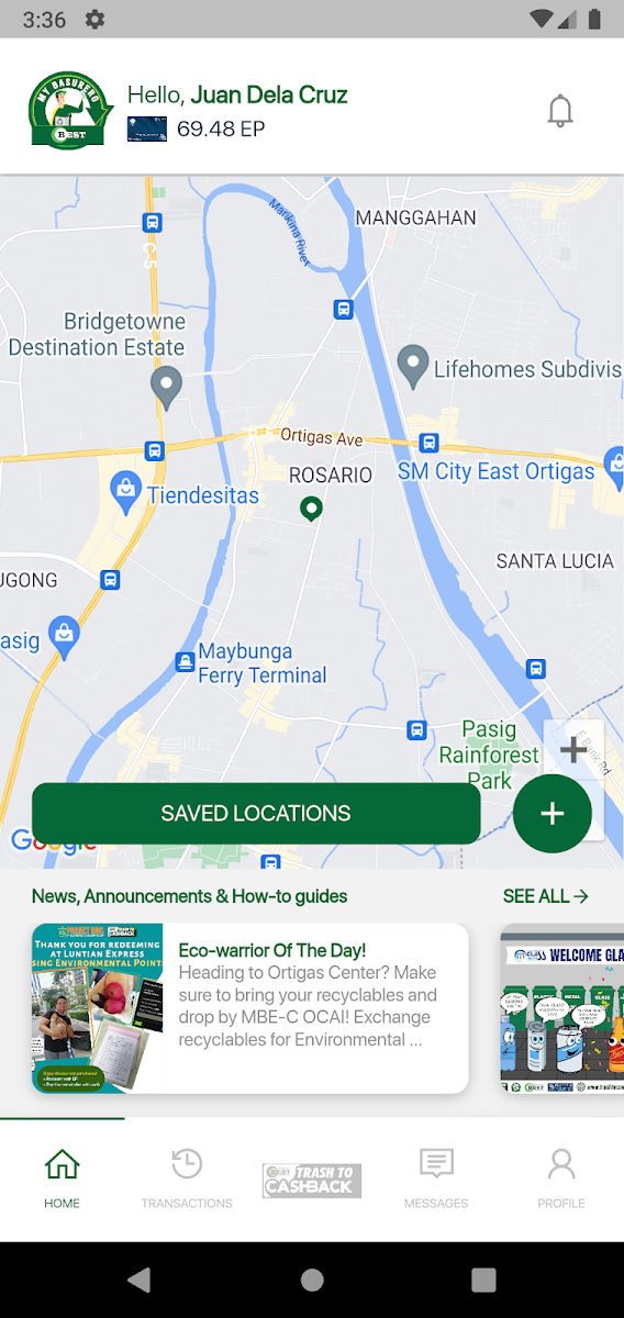 My Basurero map with saved locations and EP balance