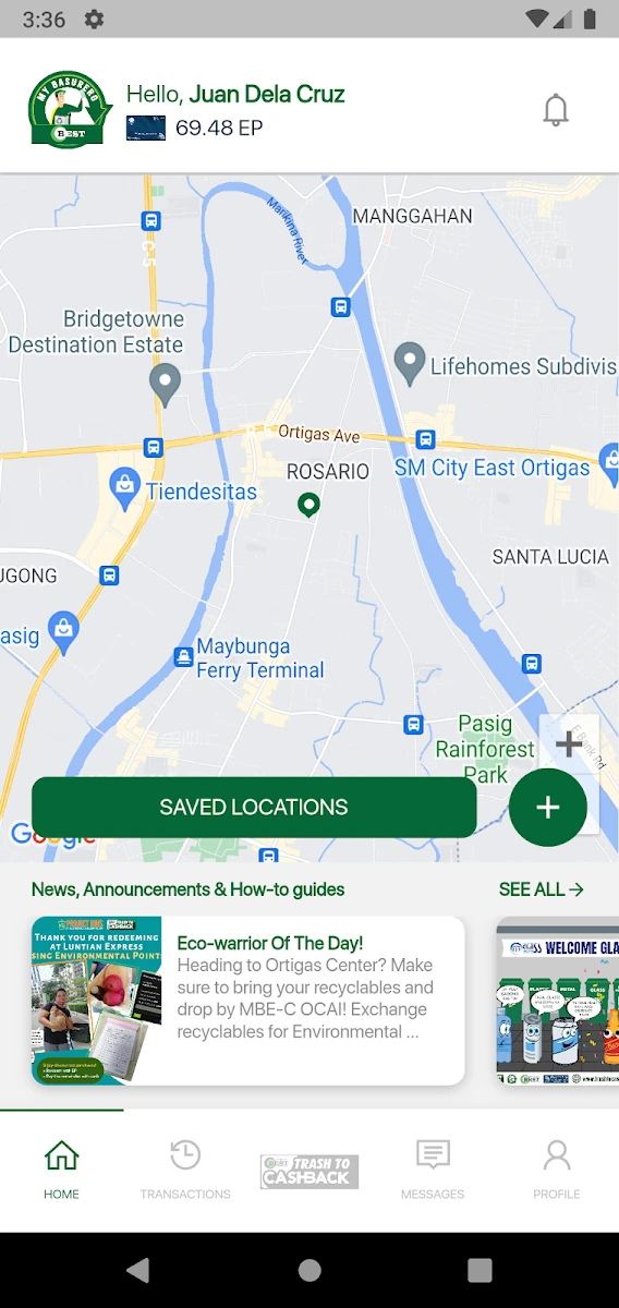 My Basurero map with saved locations and EP balance