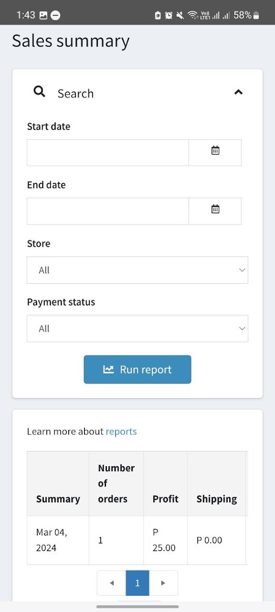 bXTRA Vendor sales summary screen