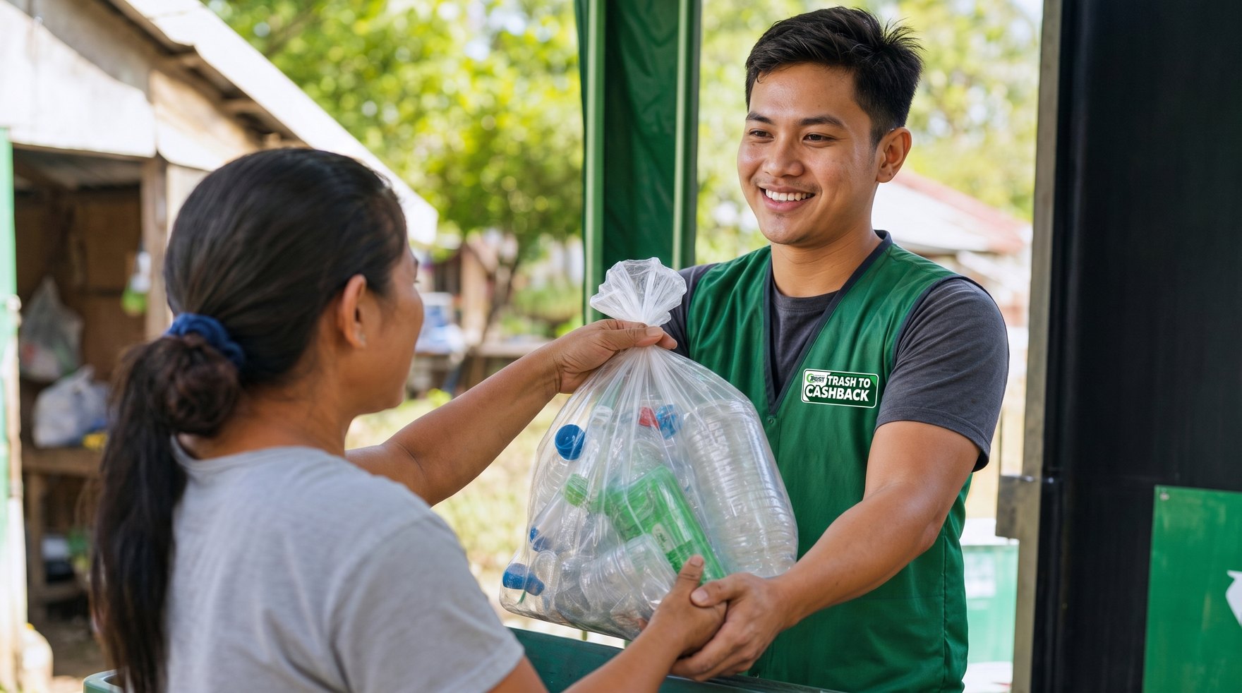 A resident hands a bag of sorted plastic bottles to an attendant at a community collection booth