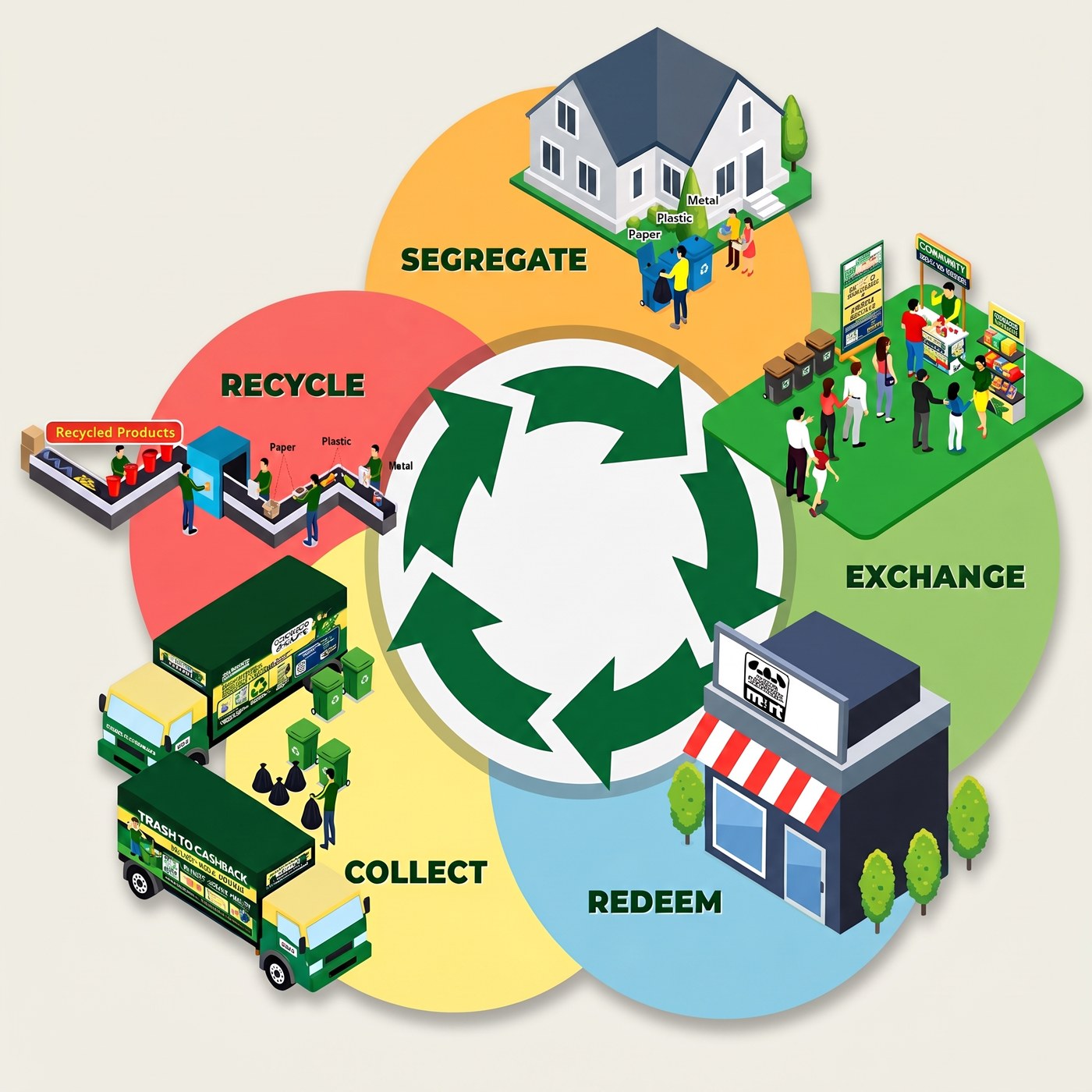 The five pillars of Trash to Cashback — Segregate, Exchange, Redeem, Collect, Recycle — around a recycling cycle