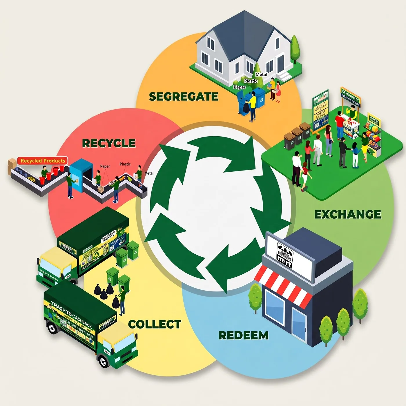 The five pillars of Trash to Cashback — Segregate, Exchange, Redeem, Collect, Recycle — around a recycling cycle